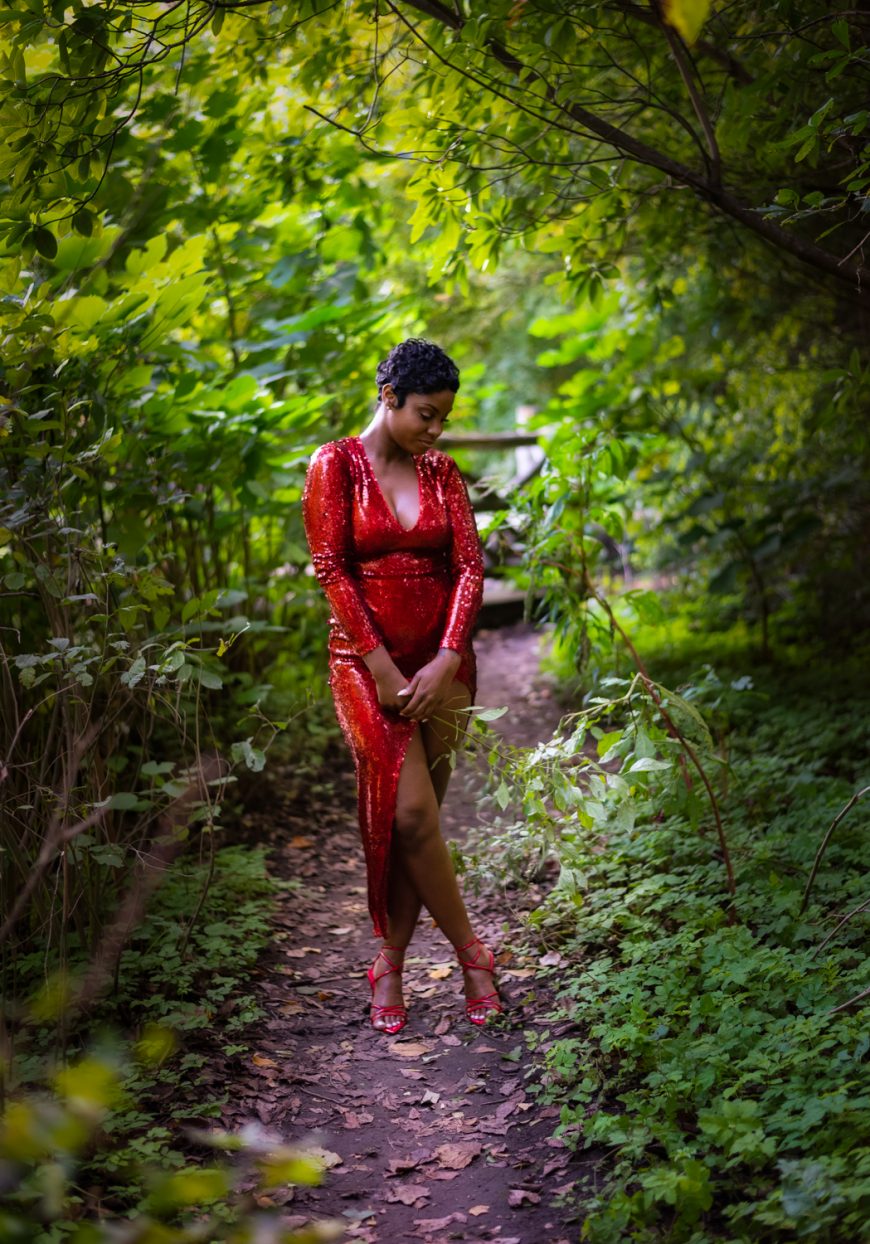 Portrait of a beautiful woman in a red sequin dress by Rawle-C-Jackman Portrait Photography in NJ, NYC and the TriState Area